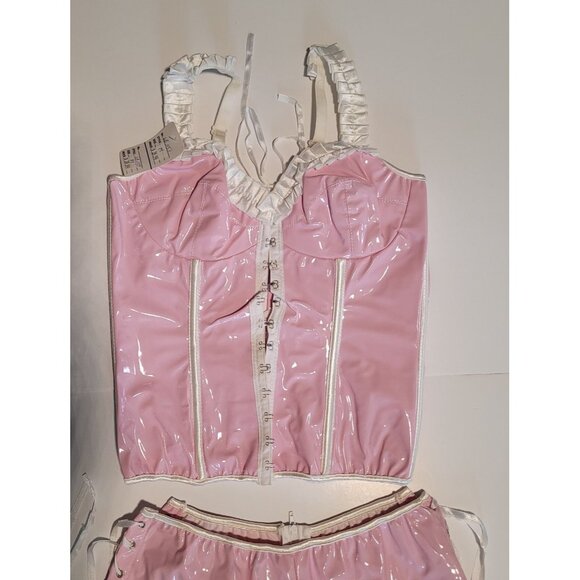 Women Sexy Pink & White PVC Bustier Corset Short Medium Back Lacing LB1151 - Picture 3 of 7